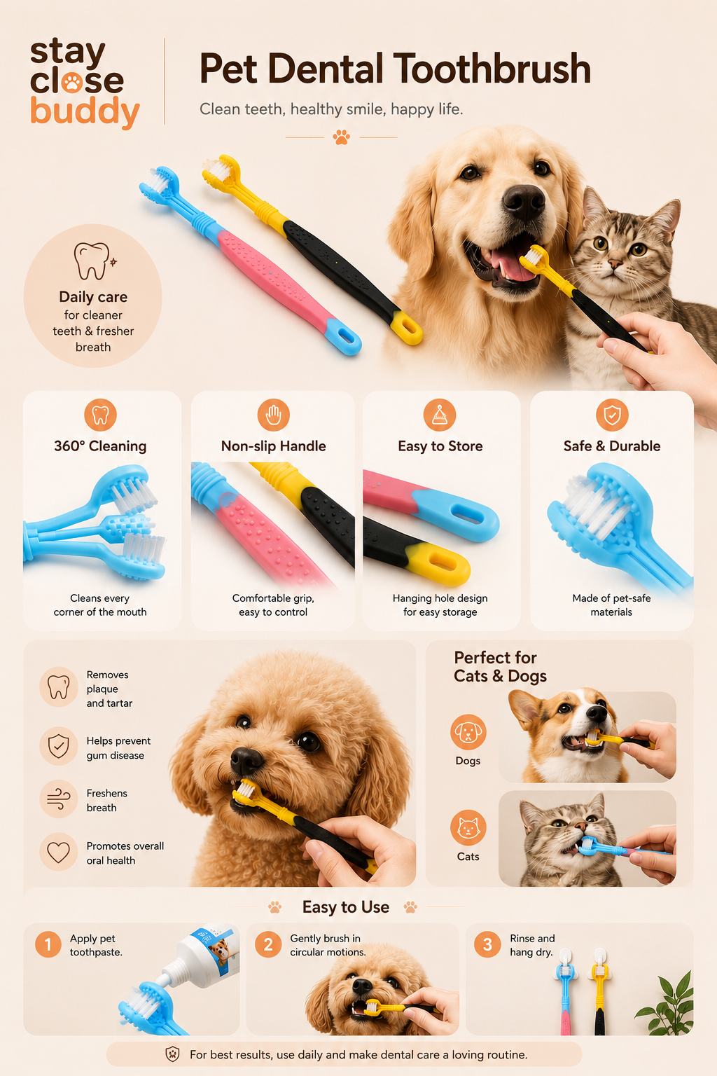 Brosse à dents 3 faces pour animaux de compagnie Brosse à dents en plastique pour chien Élimine le tartre Nettoyage buccal Soins pour animaux de compagnie Nettoyage buccal pour chat