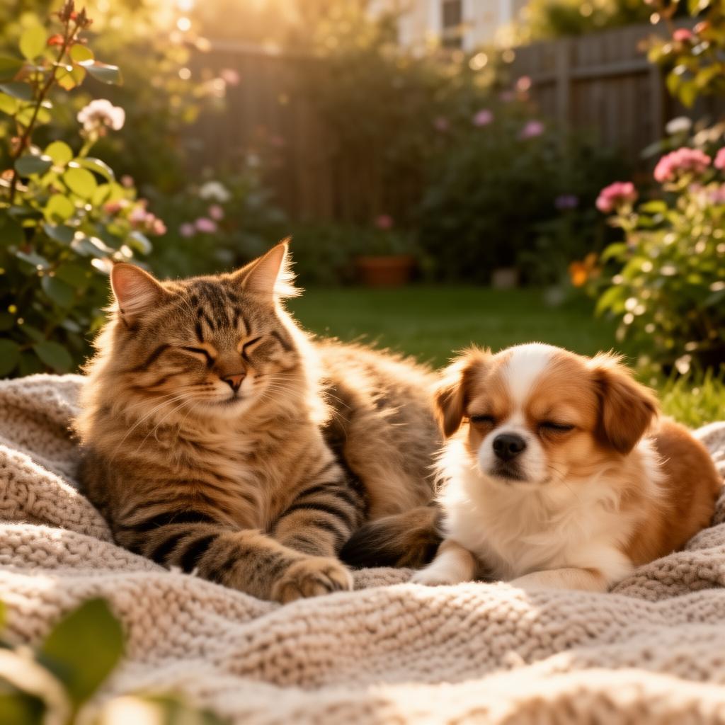 Un chat et un petit chien se reposant paisiblement ensemble dans un jardin