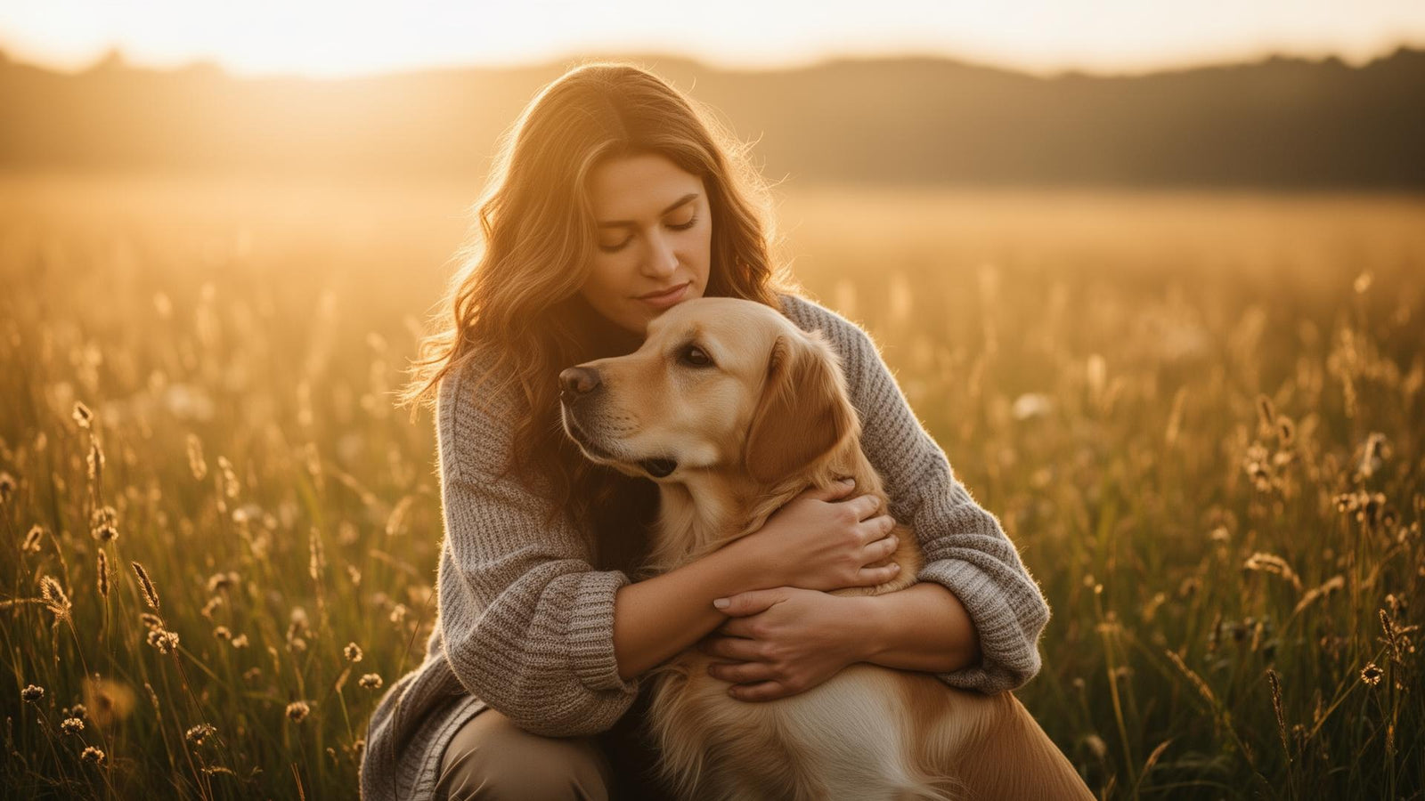 Une femme câline tendrement son chien dans un champ au coucher du soleil