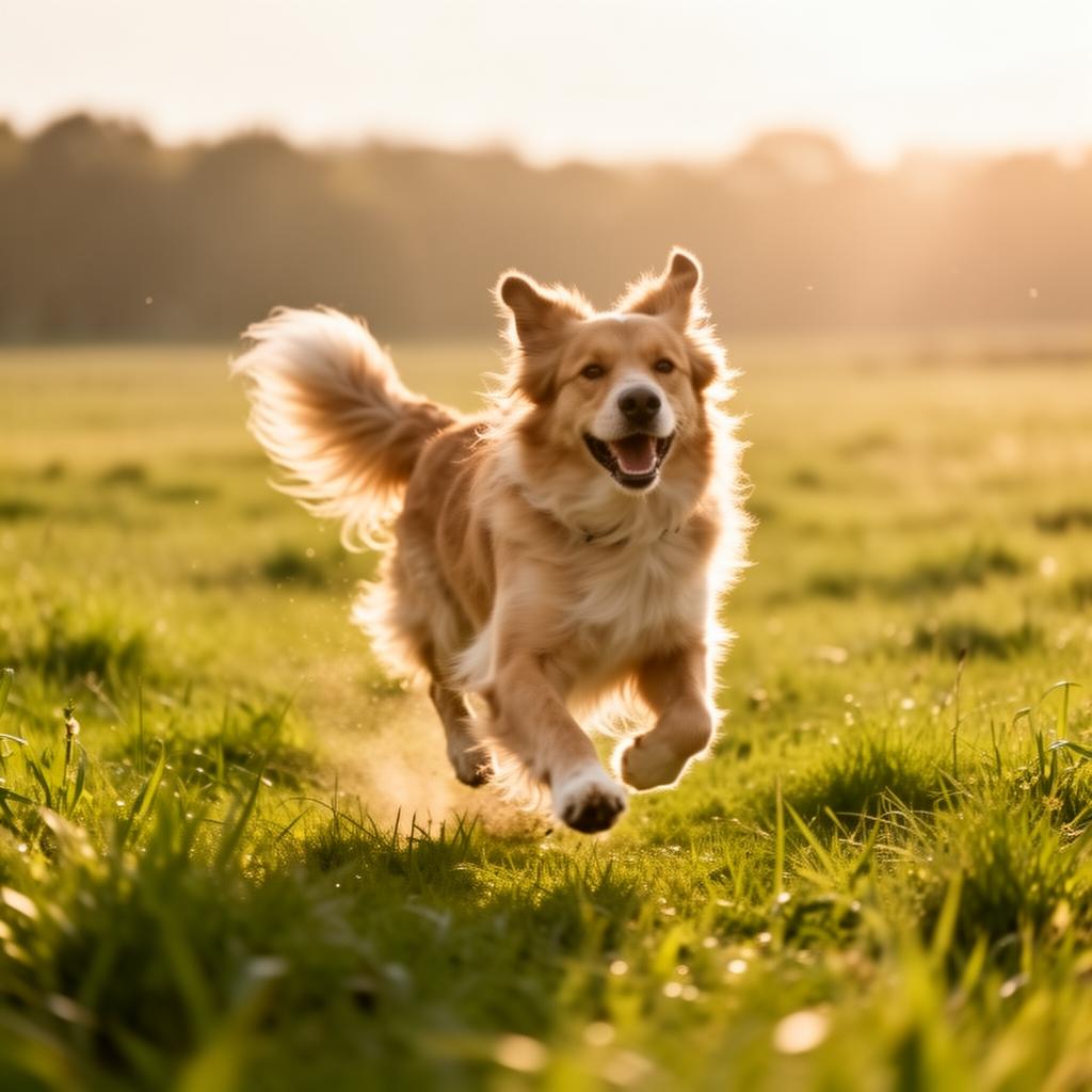 Un chien court librement et joyeusement dans un champ ensoleillé